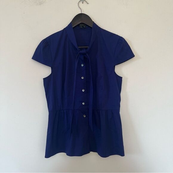 Theory Navy Cap Sleeve Bow Neckline Button Down Blouse - Picture 10 of 10